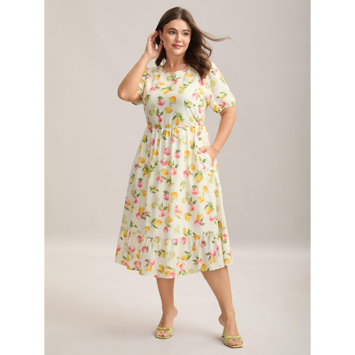 Plus Size Fruity Fun Print Cut-Out Midi Dress Multicolor Women Round Neck Short sleeve Curvy BloomChic 22-24/3X Product Image