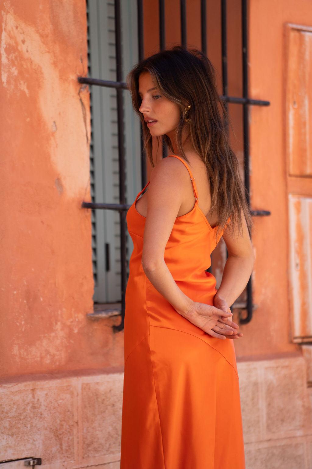 Gigi Orange Satin Maxi Dress Product Image