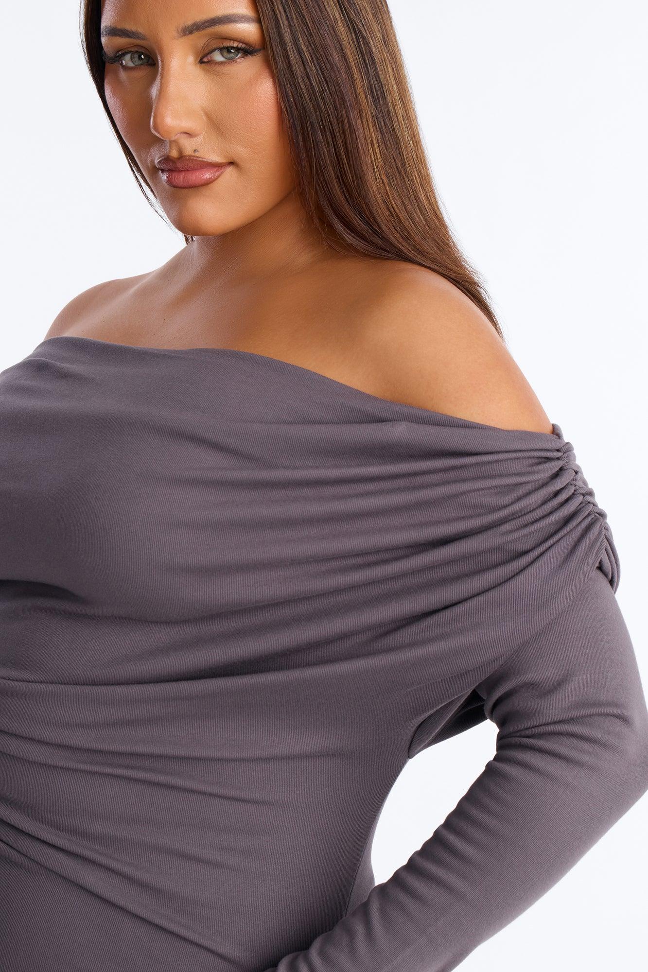 Rebecca Off Shoulder Ruched Long Sleeve Top - Charcoal Female Product Image