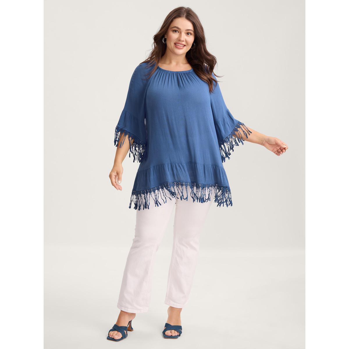 Plus Size Mediumblue Rayon Lace Trim Solid Relaxed Blouse Women Short sleeve Round Neck Everyday-Elegant Blouses BloomChic 30/6X Product Image