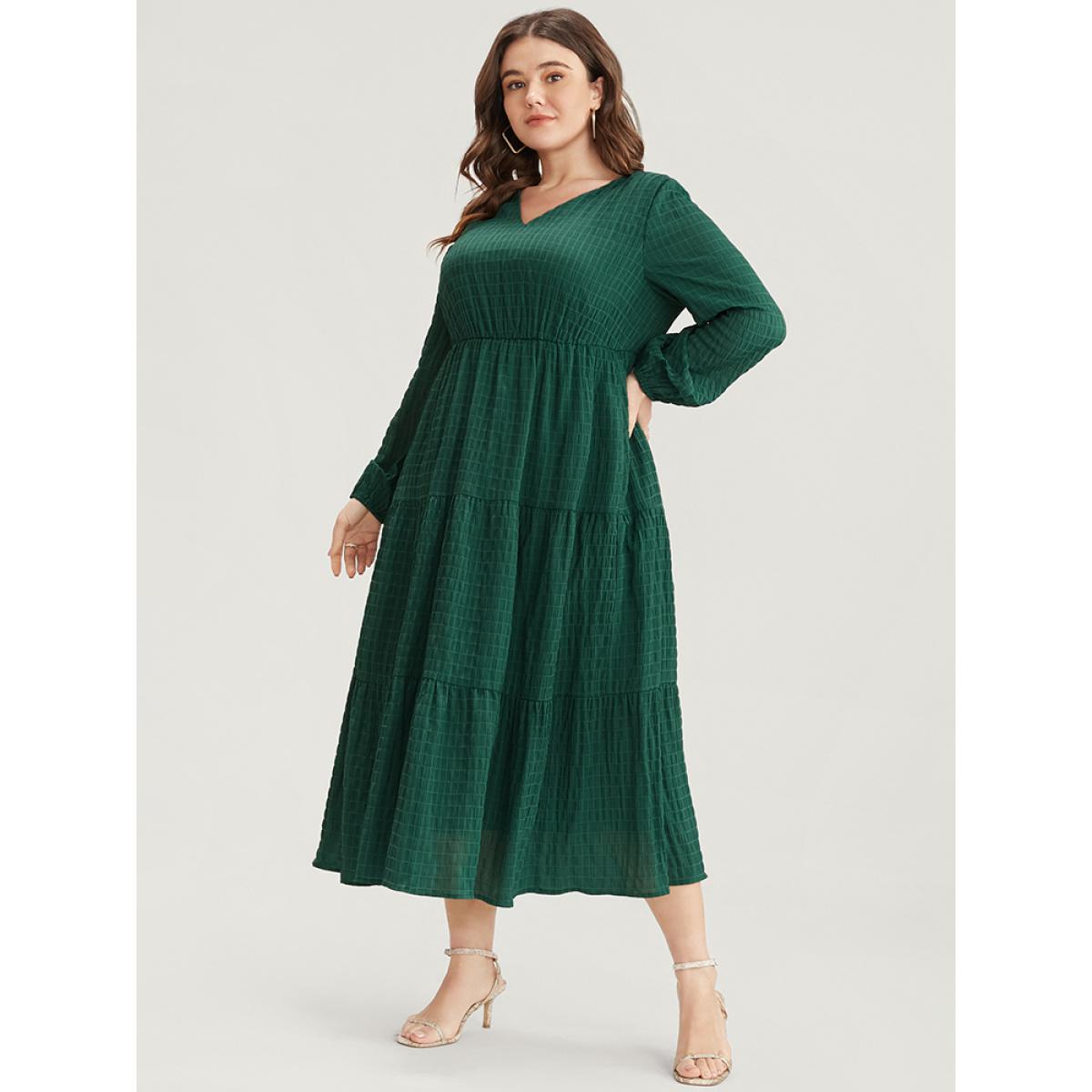 Plus Size Solid V Neck Lantern Sleeve Pocket Gingham Flutter Dress DarkGreen Women Elegant Pocket V-neck Long Sleeve Curvy Midi Dress BloomChic 22-24/3X Product Image