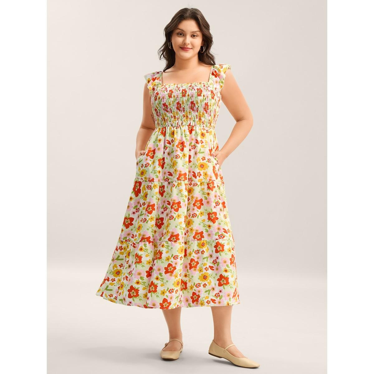 Plus Size Floral Garden Stretchy Waist Shirred Midi Dress Ivory Women Square Neck Cap Sleeve Curvy BloomChic 22-24/3X Product Image