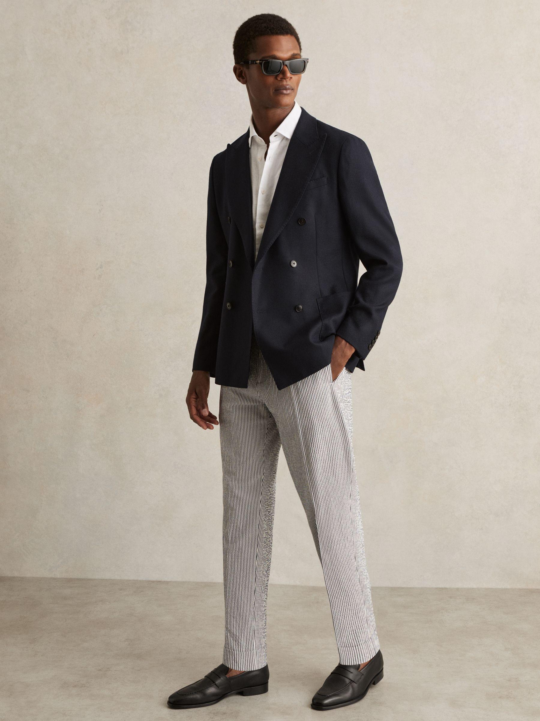 Stretch Seersucker Stripe Trousers in Navy/White Product Image