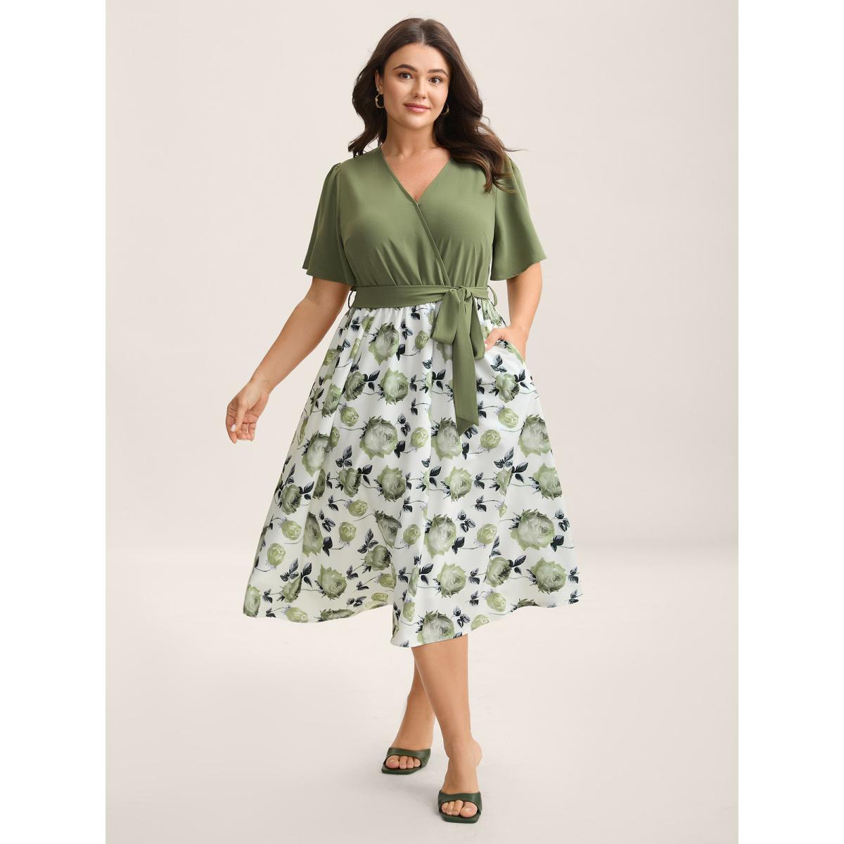 Plus Size Breezy Floral Print Belted Midi Dress Sage Women Overlap Collar Short sleeve Curvy BloomChic 10/M Product Image