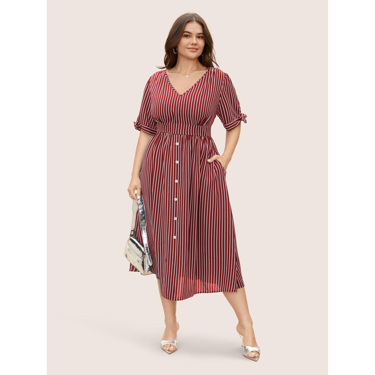 Plus Size Striped Knot Sleeve Button Detail Dress Scarlet Women At the Office Tie knot V-neck Short sleeve Curvy BloomChic 18-20/2X Product Image