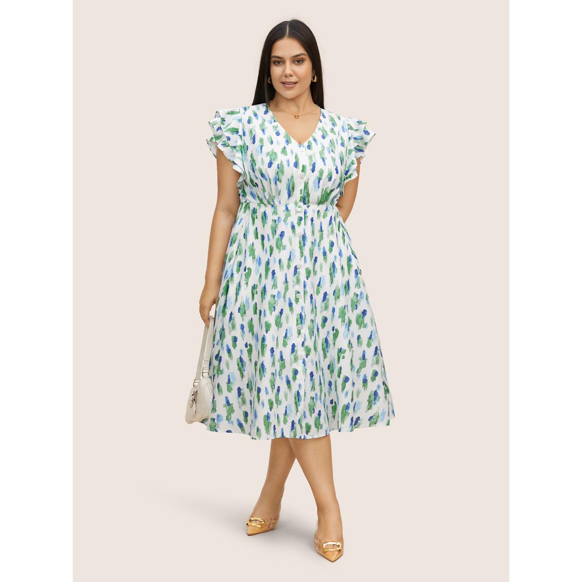 Plus Size Allover Print Tiered Ruffle Cap Sleeve Dress White Women At the Office Button V-neck Cap Sleeve Curvy BloomChic 22-24/3X Product Image