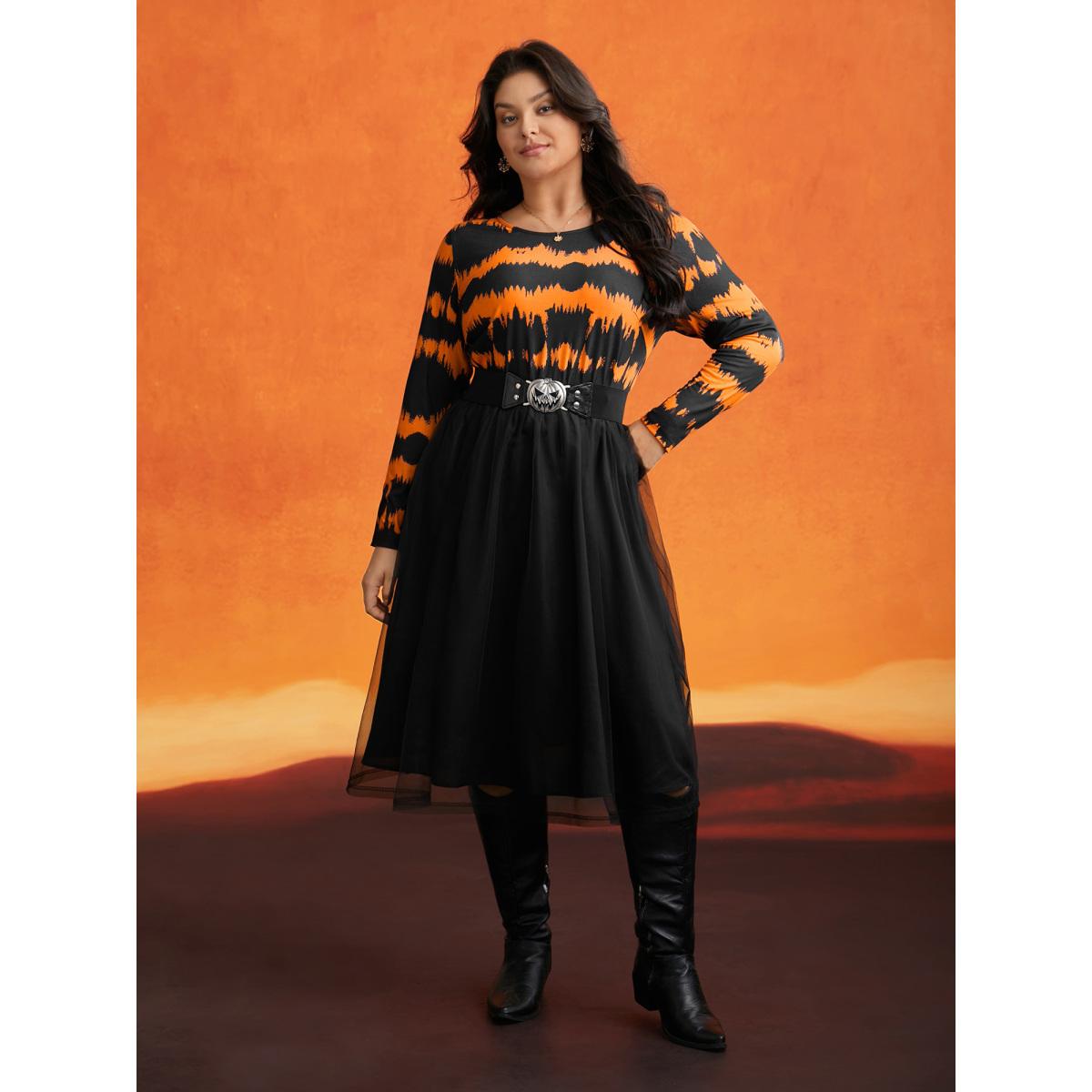 Plus Size Soft Knit And Chiffon Contrast Midi Dress Brightorange Women Cocktail Contrast Party Curvy Bloomchic 10/M Product Image