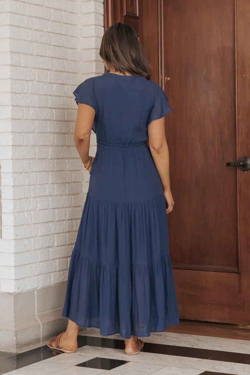 Celine Crochet Lace Tiered Boho Midi Dress - Navy Product Image