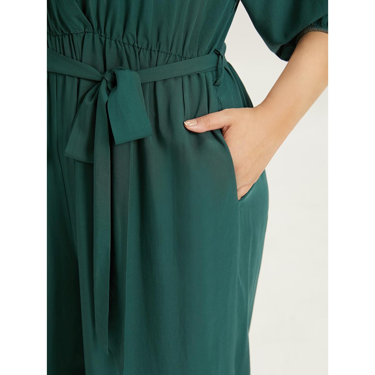 Plus Size Cyan Plain Notched Belted Gathered Lantern Sleeve Jumpsuit Women Casual Elbow-length sleeve Notched collar Dailywear Loose Jumpsuits BloomChic 28/5X Product Image