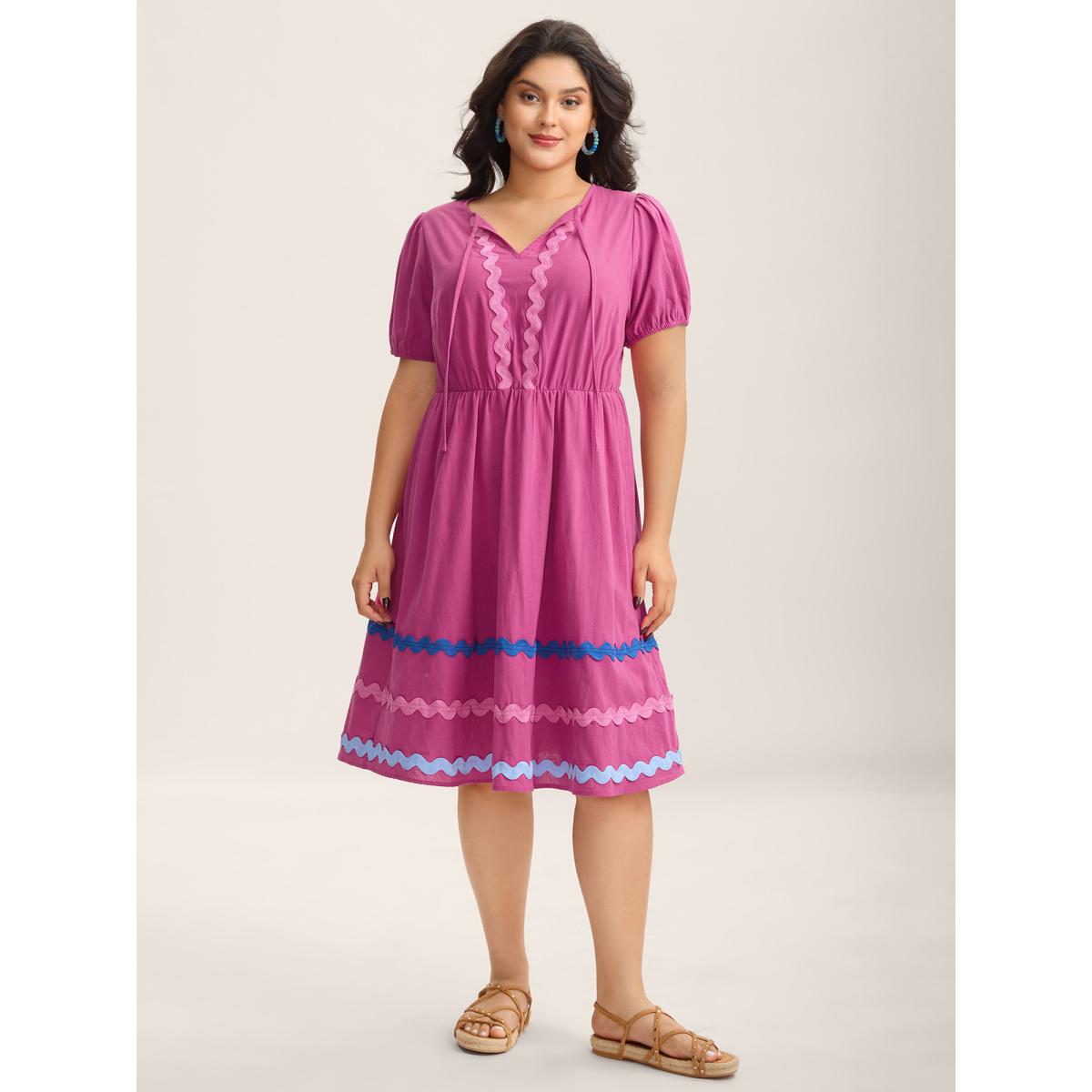 Plus Size Pure Cotton Stretchy Waist Ribbon Midi Dress RedViolet Women V-neck Short sleeve Curvy BloomChic 14-16/1X Product Image
