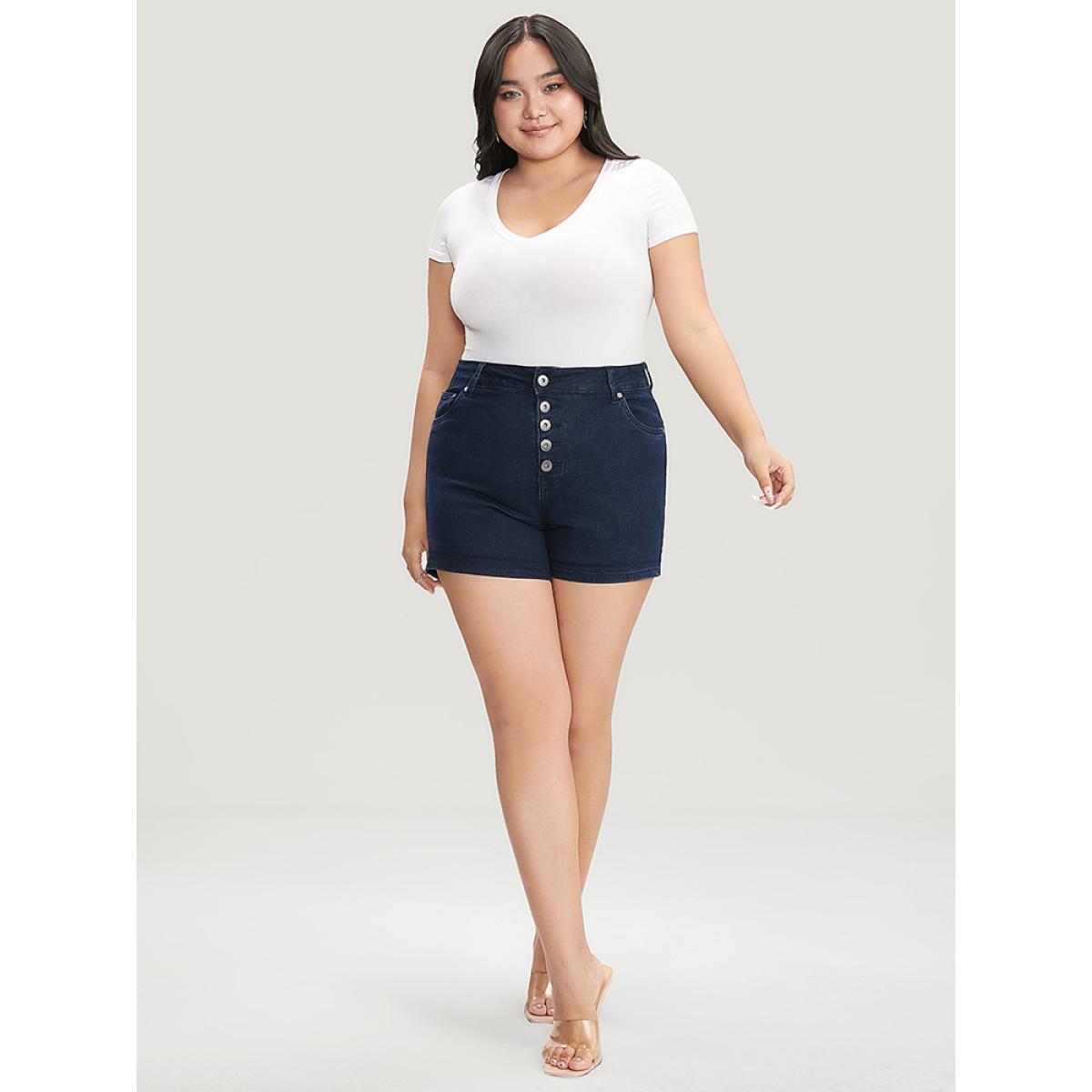 Plus Size Slightly Stretchy High Rise Dark Wash Single Breasted Denim Shorts Women DarkBlue Casual Plain Button Low stretch Pocket Jeans BloomChic 26/4X Product Image