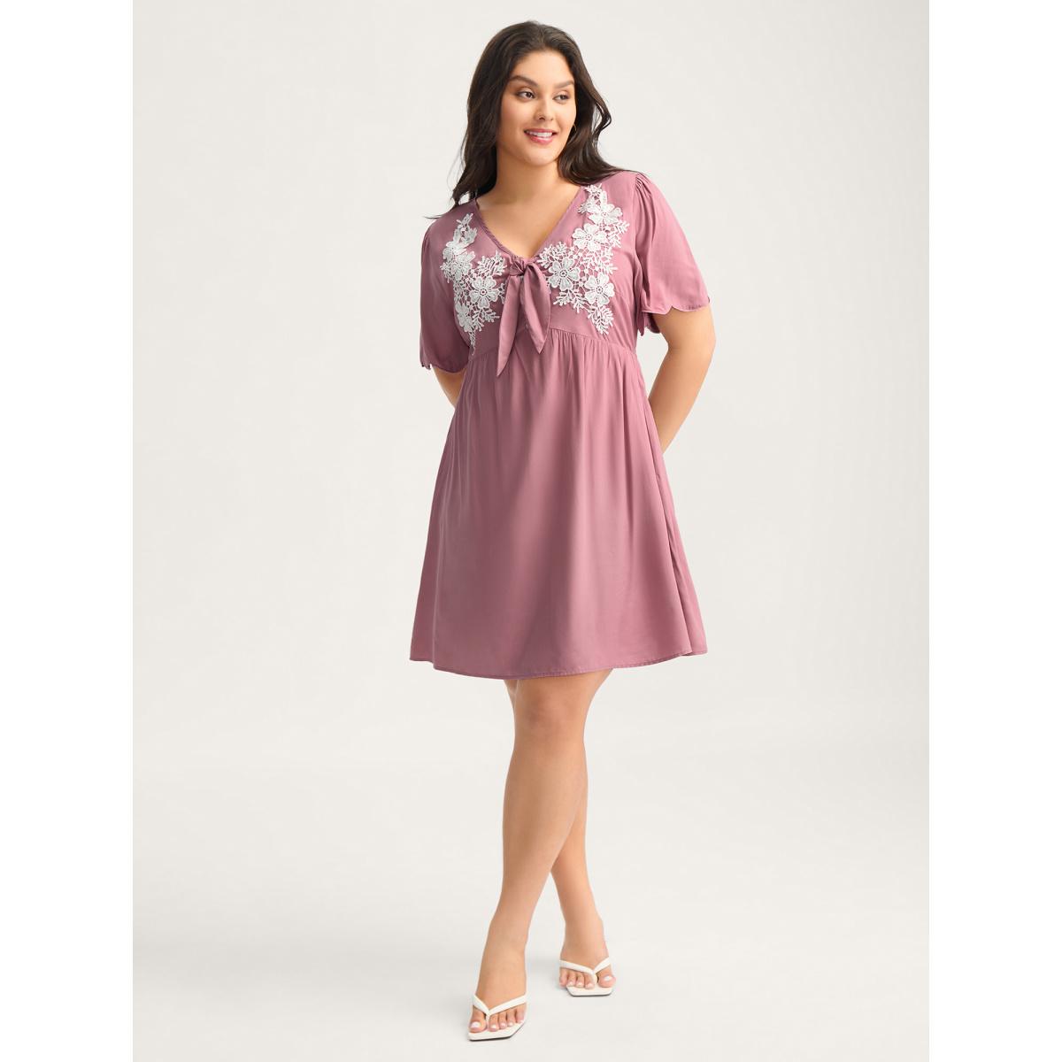 Plus Size Rayon Bodice Embroidered Patchwork Knot Midi Dress DustyPink Women V-neck Short sleeve Curvy BloomChic 10/M Product Image