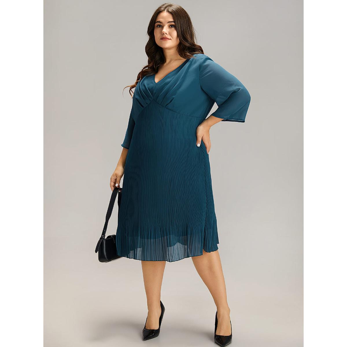 Plus Size Plain Chiffon Pleated V Neck Mesh Dress Cerulean Women Office See through V-neck Elbow-length sleeve Curvy Midi Dress BloomChic 18-20/2X Product Image