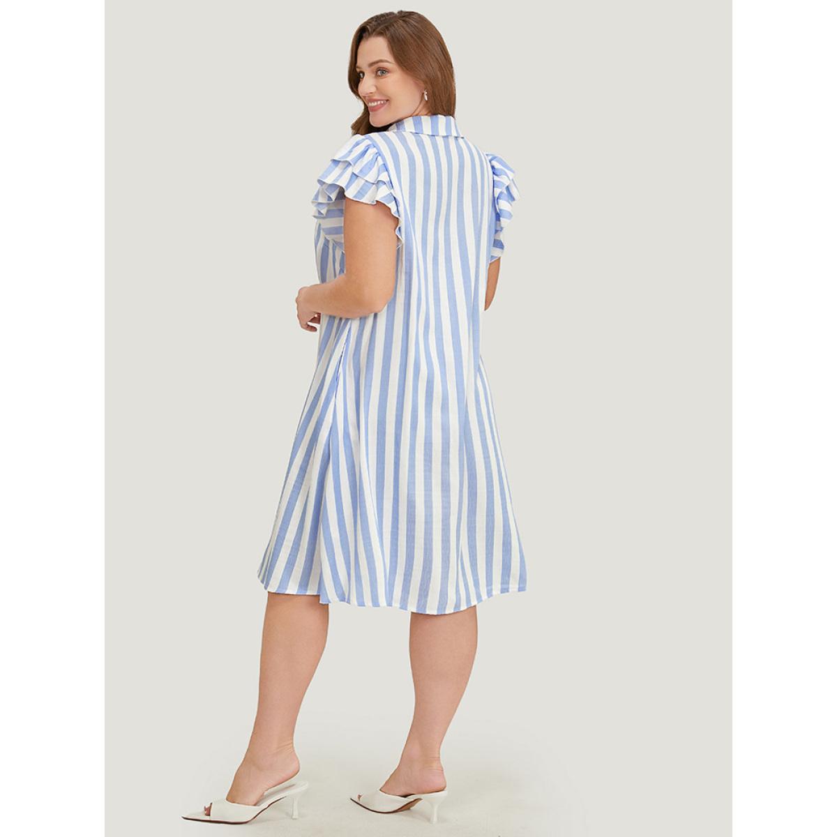 Plus Size Striped Print Ruffles Layered Cap Sleeve Button Up Dress LightBlue Women Office Contrast Lapel Collar Cap Sleeve Curvy Knee Dress BloomChic 12/L Product Image