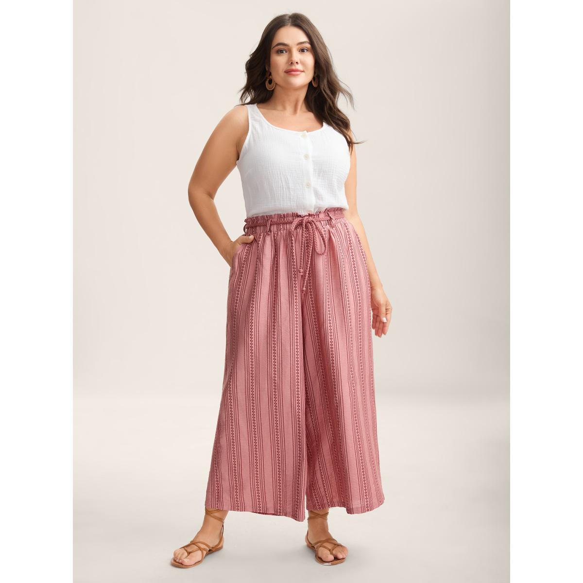 Plus Size Stripe Print Drawstring Wide-Leg Pants Women Rouge Boho Wide Leg Mid Rise Vacation Pants BloomChic 28/5X Product Image