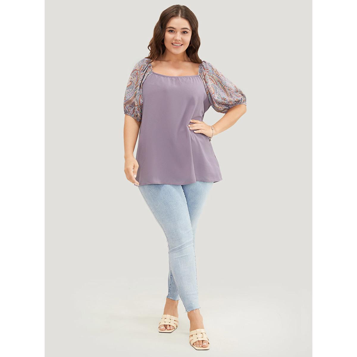 Plus Size Mauve Paisley Print Puff Sleeve Blouse Women Elegant Short sleeve Round Neck Dailywear Blouses BloomChic 30/6X Product Image