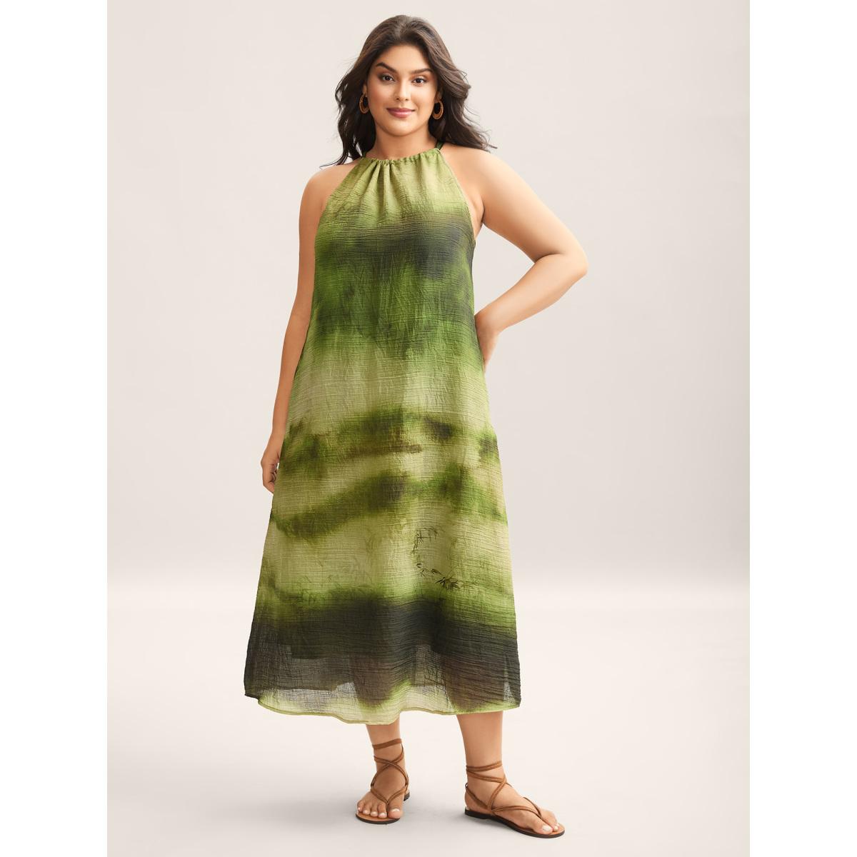 Plus Size Tie-Dye Pattern Pockets Midi Dress Truegreen Women Halter neck Sleeveless Curvy BloomChic 28/5X Product Image