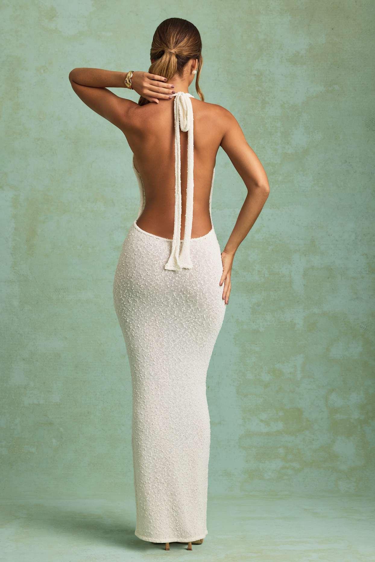 Bouclé Halterneck Maxi Dress in White Girls Product Image