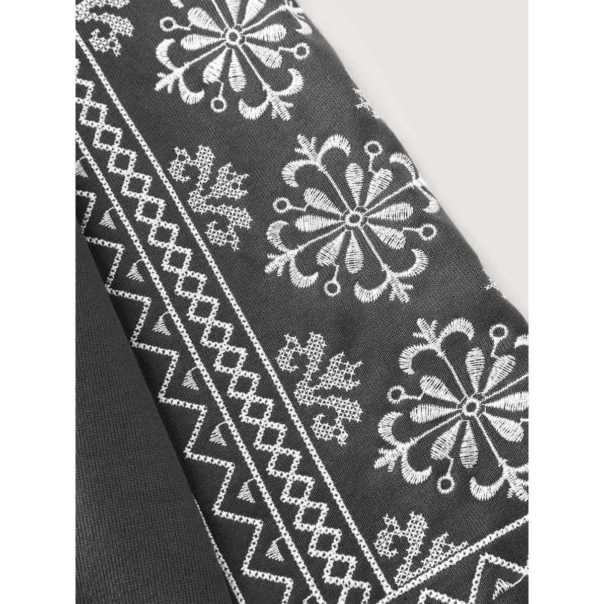 Plus Size Boho Embroidered Sleeve V-Neck Sweatshirt Women DimGray Leisure Embroidered V-neck Casual Sweatshirts BloomChic 14-16/1X Product Image