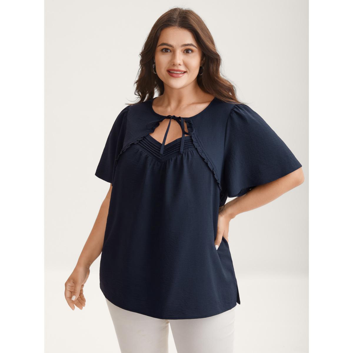 Plus Size Indigo Toothpick Pleated Neck Tie Solid Blouse Women Romantic Short sleeve Non Elegant Blouses BloomChic 12/L Product Image