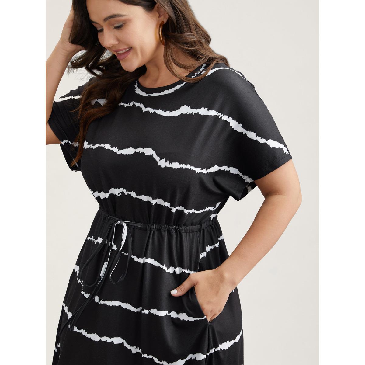 Plus Size Striped Waist-Tie Dolman Sleeve Midi Dress Black Women Casual Drawstring Knit Dresses Bloomchic 30/6X Product Image