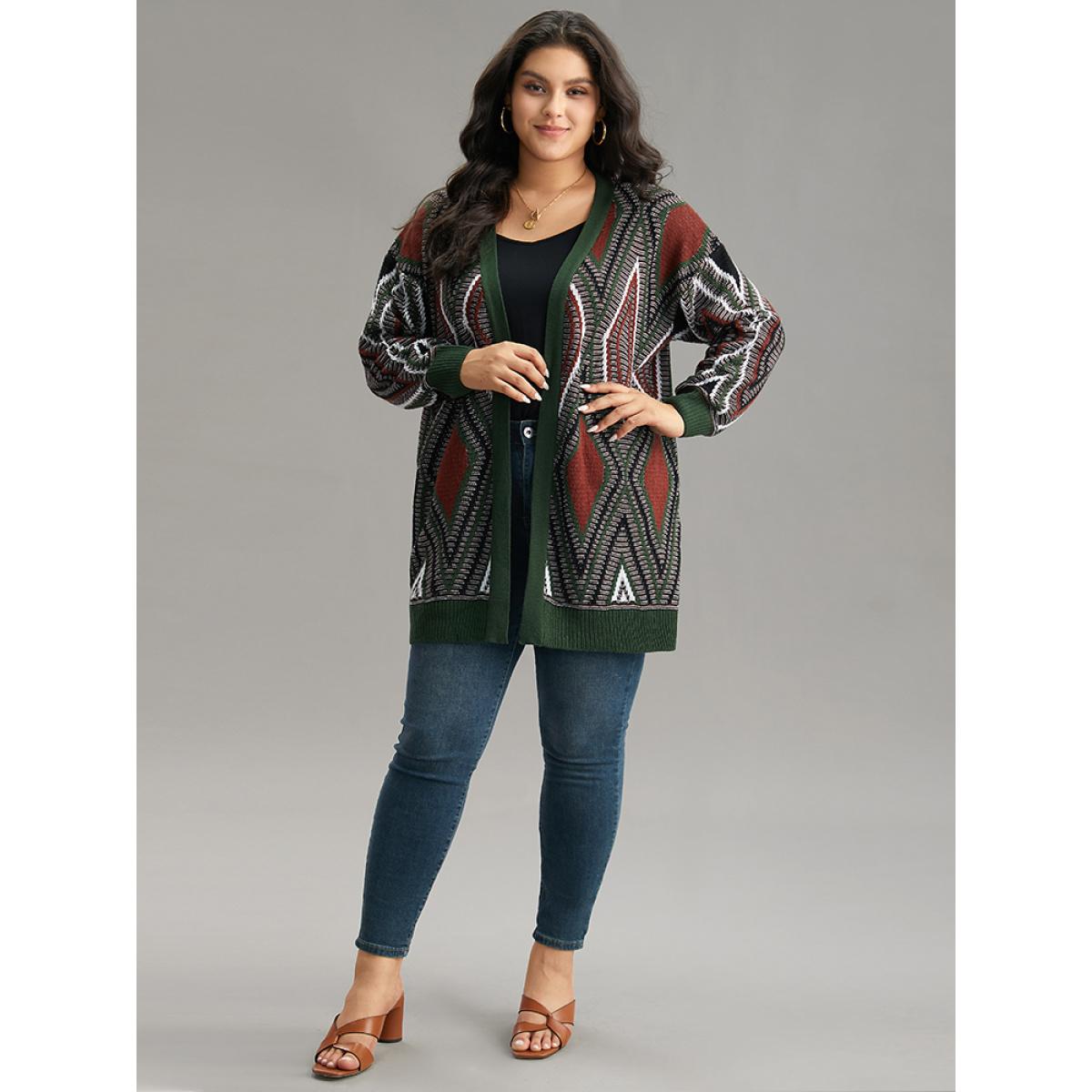 Plus Size Geometric Contrast Open Front Cardigan DarkGreen Women Casual Loose Long Sleeve Dailywear Cardigans BloomChic 12/L Product Image