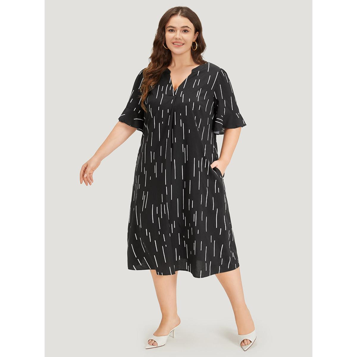 Plus Size Line Print Notched Bell Sleeve Ruffle Hem Dress Black Women Office Plain Notched collar Half Sleeve Curvy Midi Dress BloomChic 18-20/2X Product Image