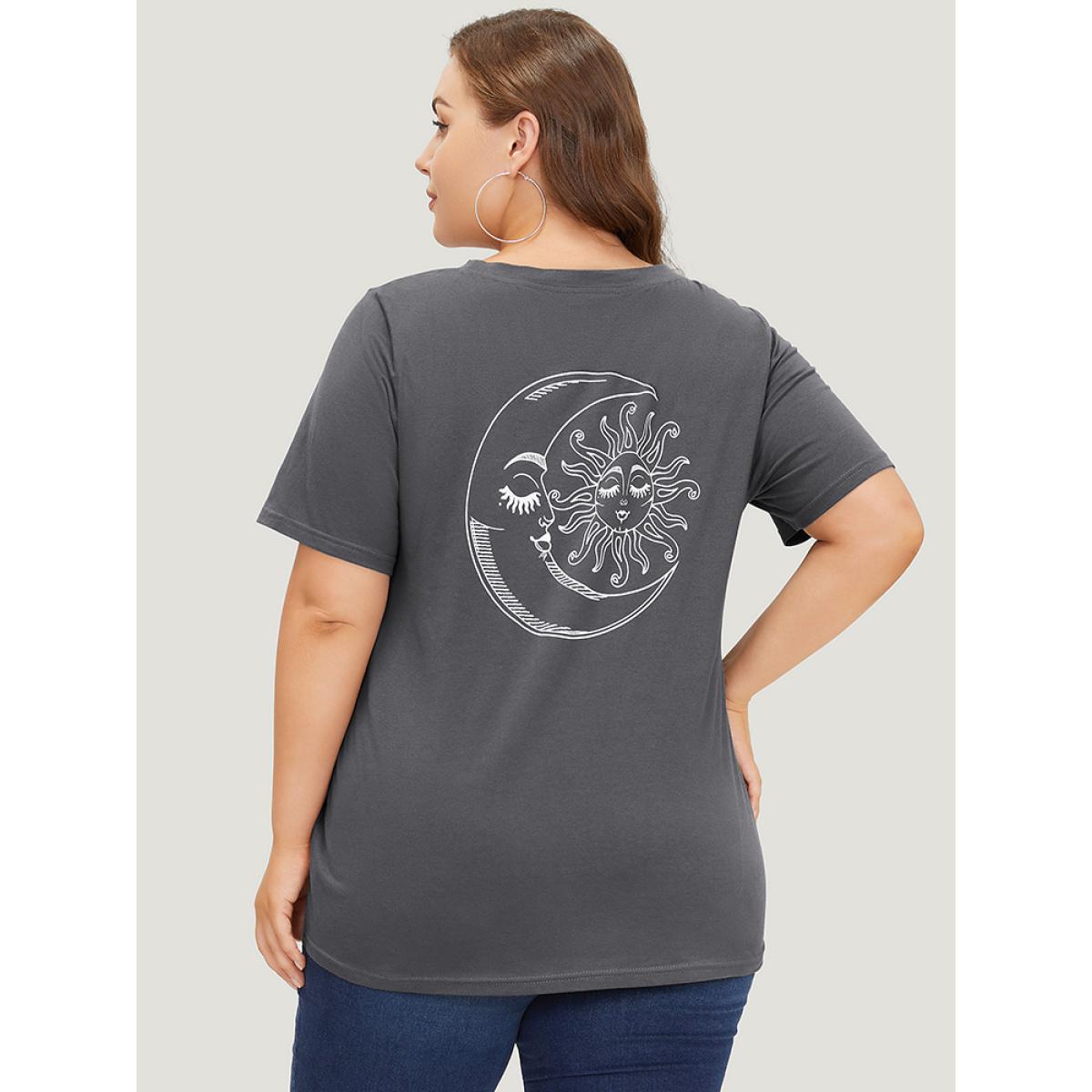 Plus Size Sun & Moon Print Graphic Round Neck T-shirt DimGray Women Casual Star and moon Dailywear T-shirts BloomChic 26/4X Product Image