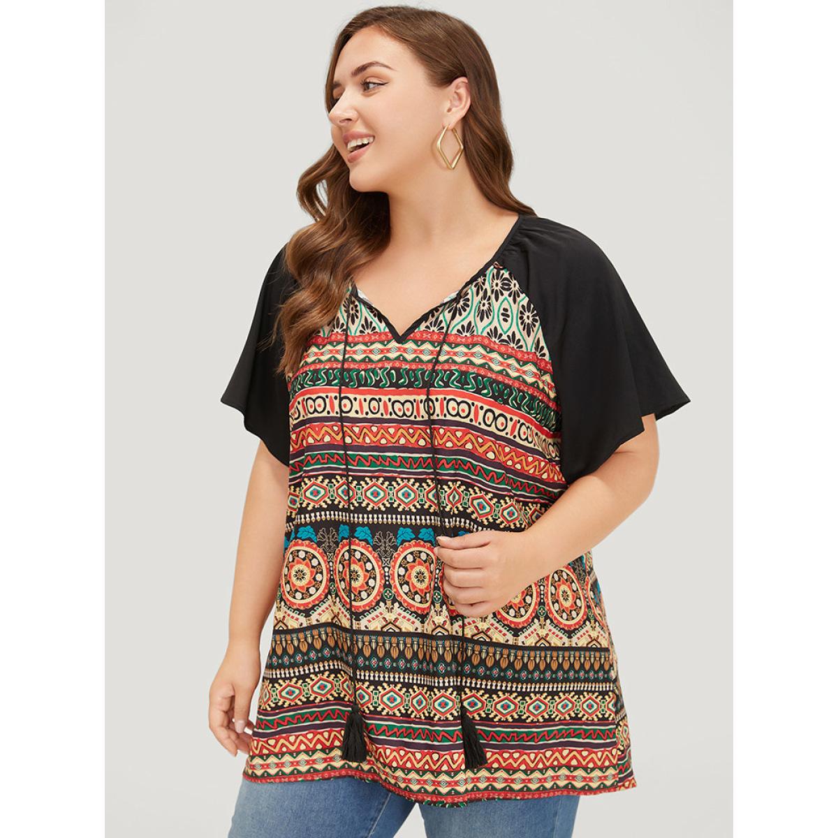 Plus Size Multicolor Moroccan Print Raglan Sleeve Tassels Tie Neck Blouse Women Vacation Short sleeve Tie Neck Dailywear Blouses BloomChic 22-24/3X Product Image