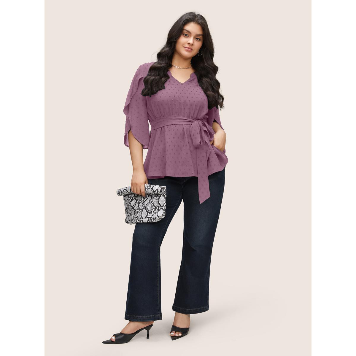 Plus Size Mauve Plain Textured Petal Sleeve Ties Blouse Women Work From Home Elbow-length sleeve Flat collar with V-notch Work Blouses BloomChic 12/L Product Image