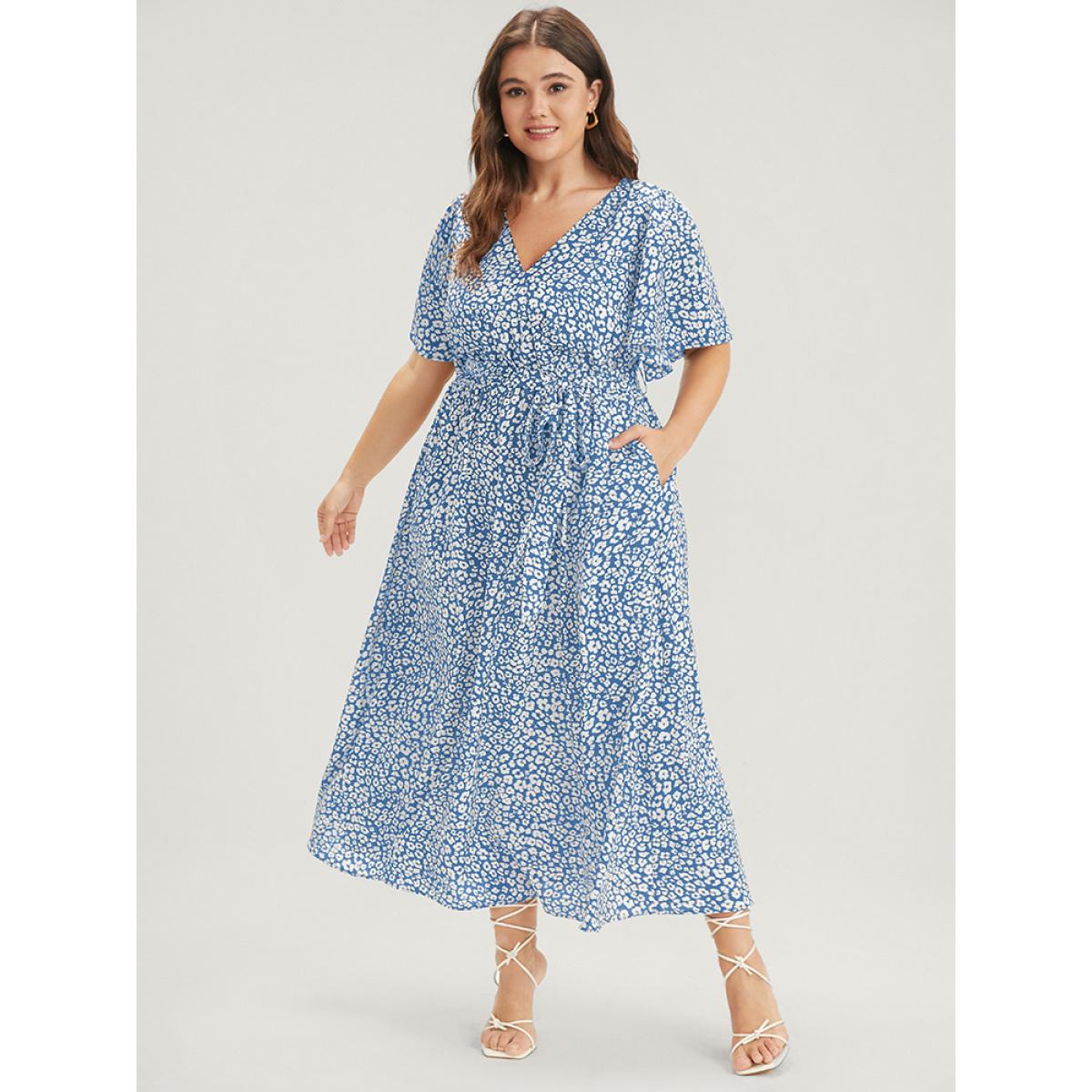 Plus Size Floral Knotted Pocket Flutter Button Wrap Dress Stone Women Elegant Belted V-neck Short sleeve Curvy Midi Dress BloomChic 26/4X Product Image