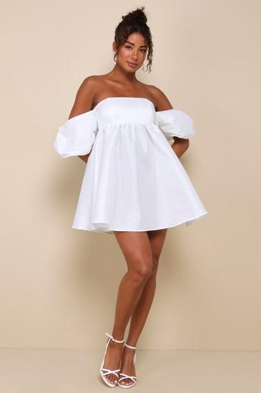 Sweet Vision White Taffeta Off-the-Shoulder Babydoll Mini Dress Product Image