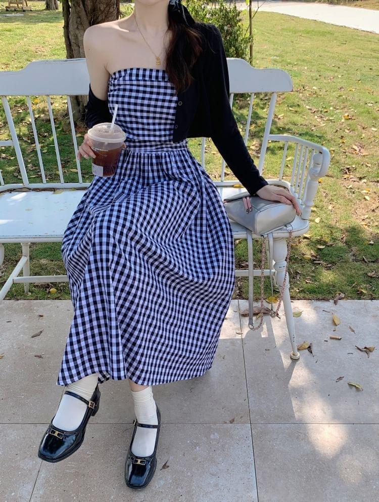 Maternity Open Front Plain Cardigan / Spaghetti Strap Plaid Midi A-Line Dress Product Image