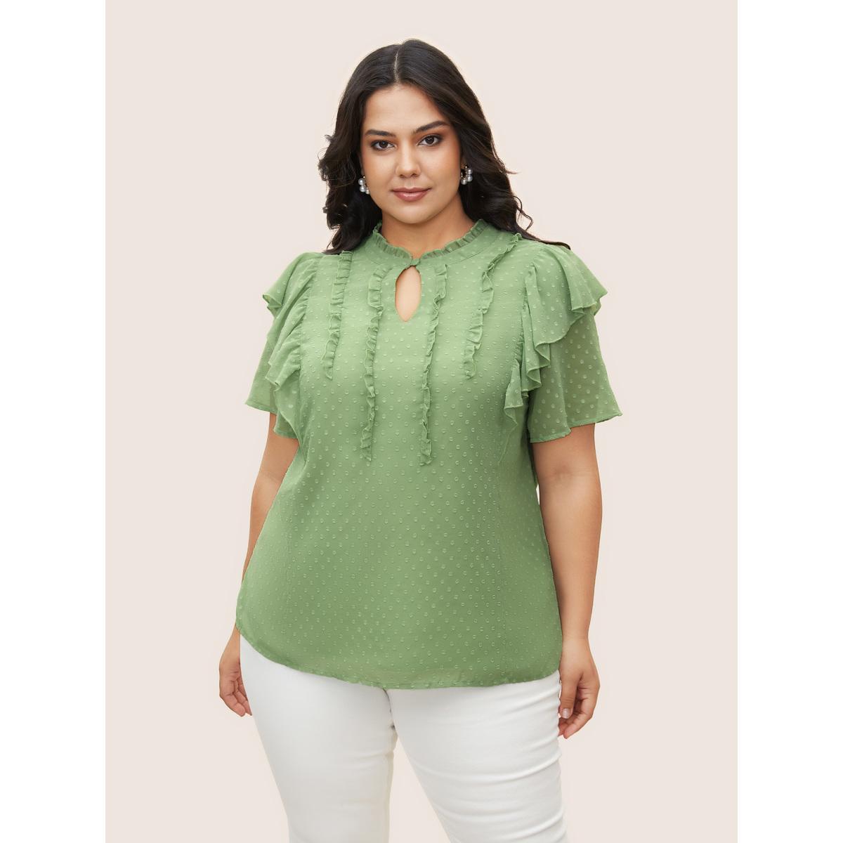 Plus Size Mint Texture Frill Trim Ruffle Sleeve Blouse Women Elegant Short sleeve Mock Neck Everyday Blouses BloomChic 10/M Product Image