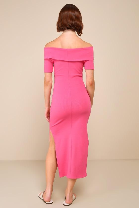 Remarkably Flirty Hot Pink Ribbed Off-the-Shoulder Midi Dress Product Image