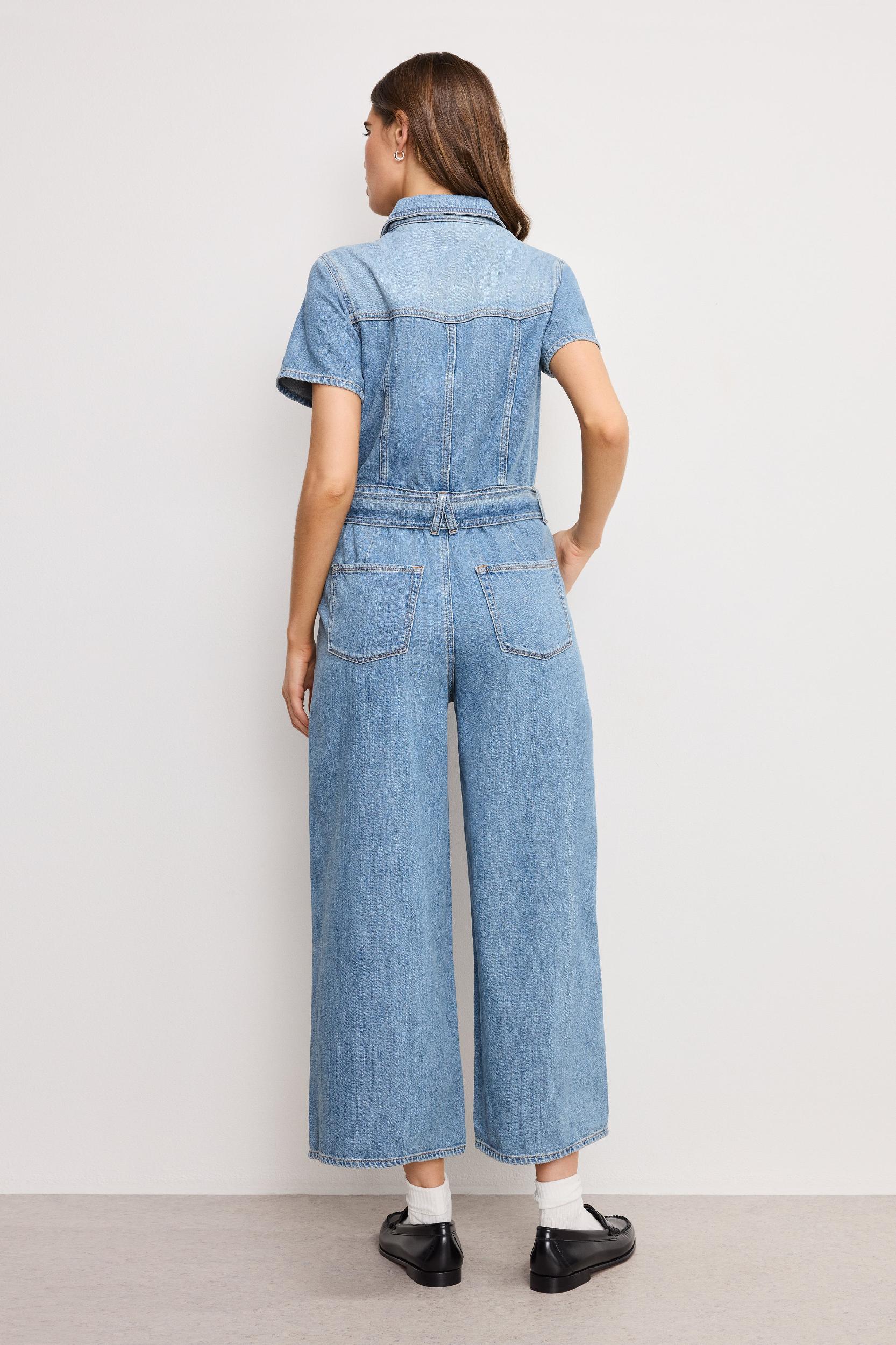 FIT FOR SUCCESS LITE LINEN DENIM CROPPED JUMPSUIT | INDIGO786 Product Image