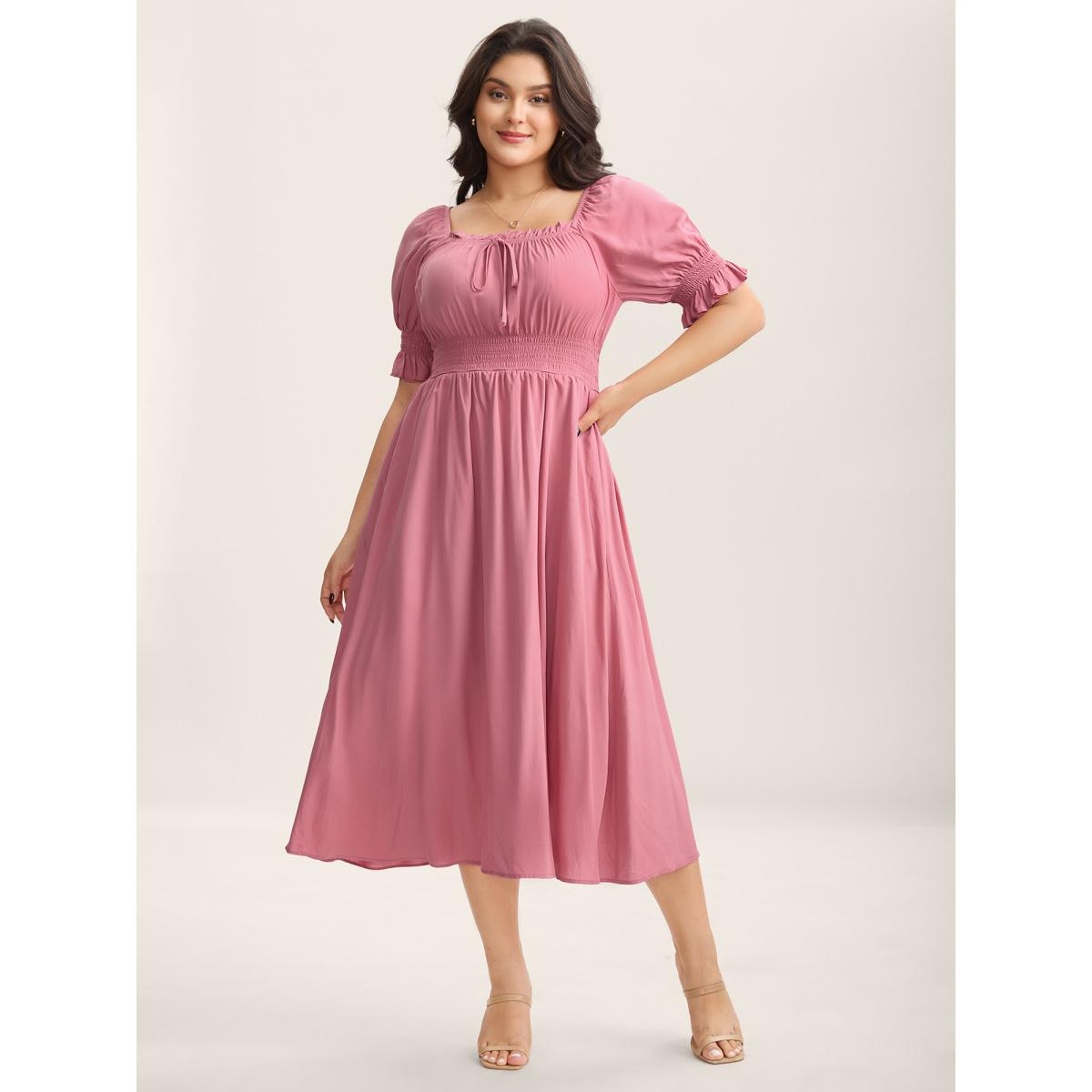 Plus Size Rayon Stretchy Waist Pockets Milkmaid Dress Watermelon Women Romantic Square Neck Short sleeve Curvy BloomChic 22-24/3X Product Image