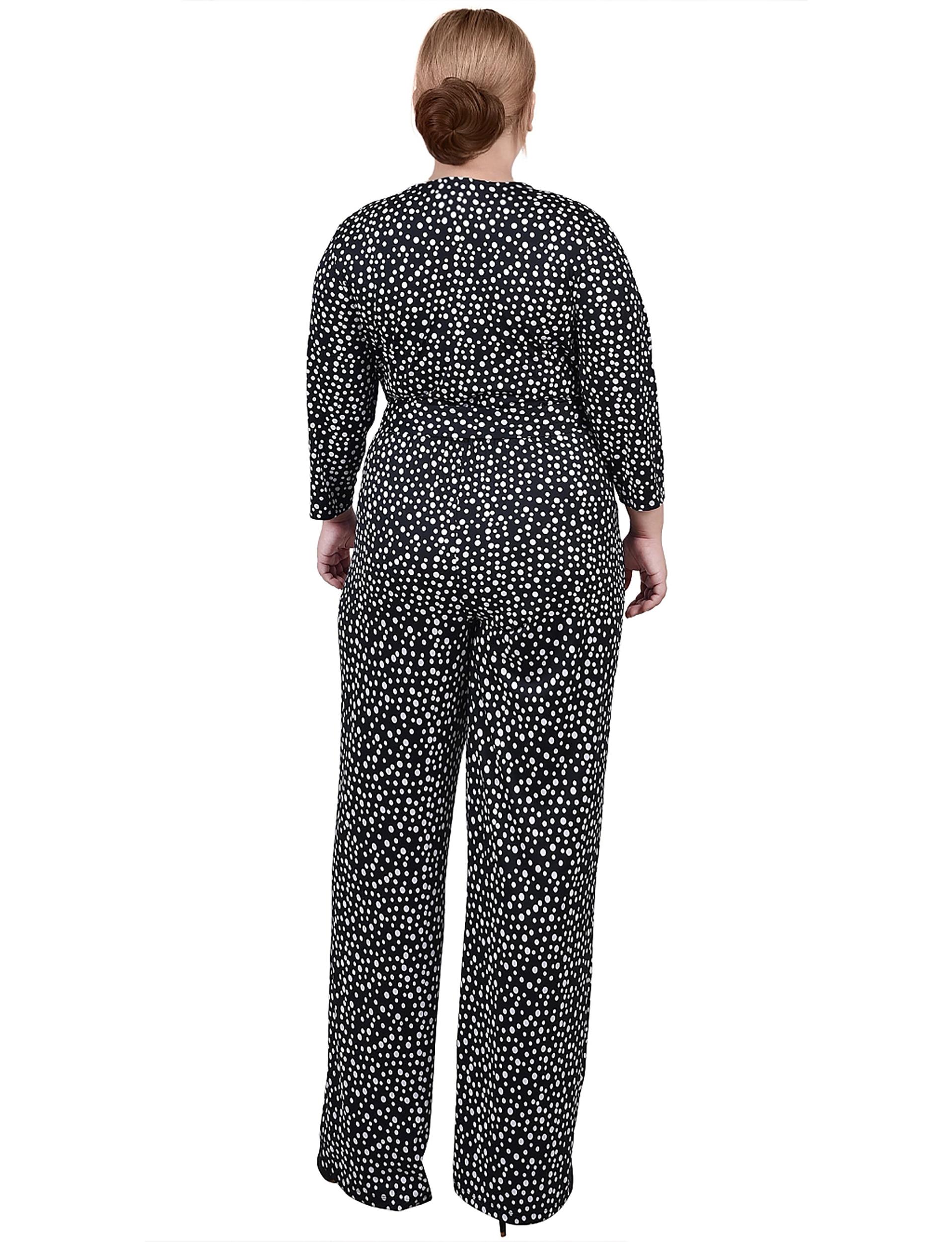Black Spotted 3/4 Sleeve Belted Jumpsuit - Plus Product Image