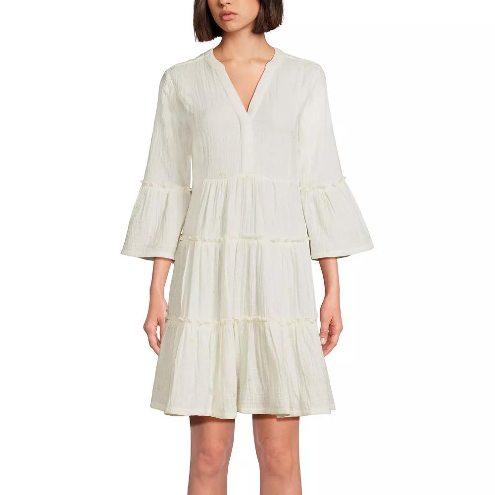 Women's Lands' End Crinkly Gauze Tiered V-Neck Bell Sleeve Mini Dress,  Product Image