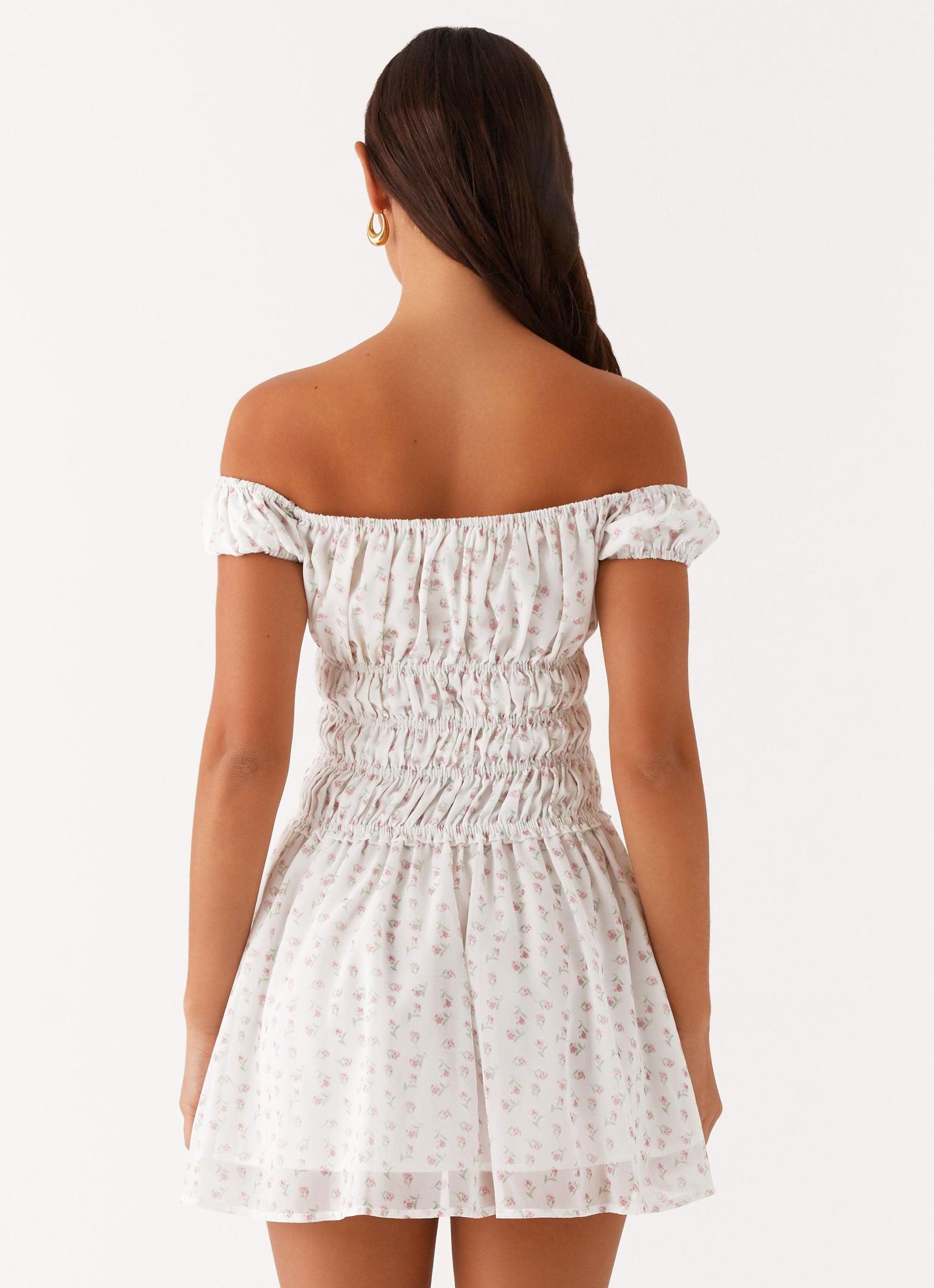 Total Bliss Shirred Mini Dress - White Floral Product Image