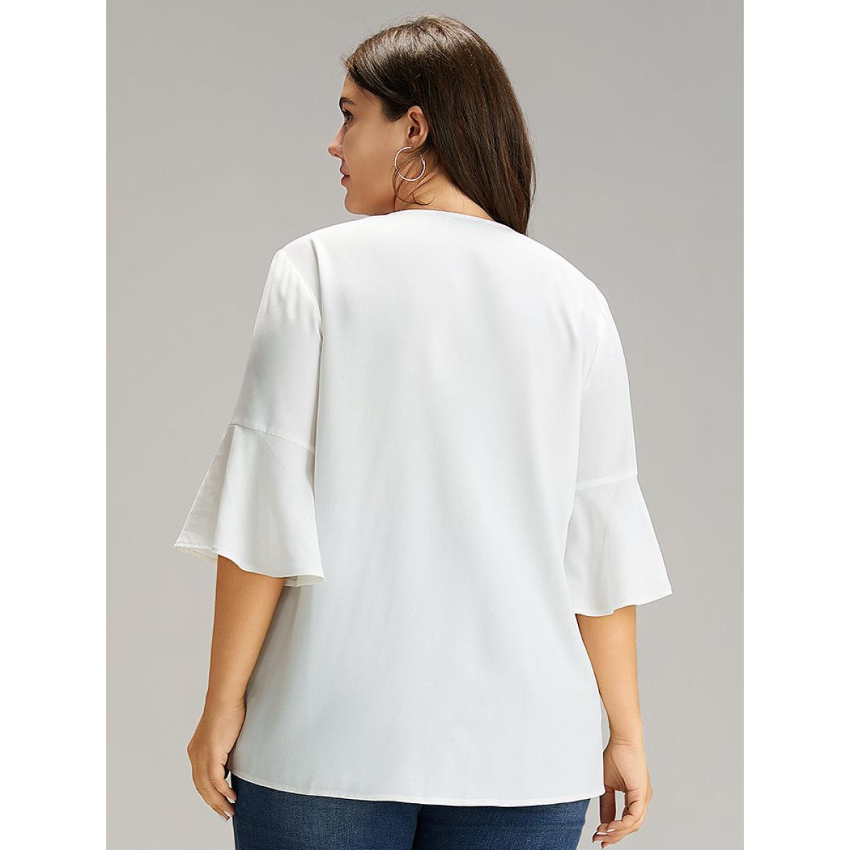 Plus Size White Bandana Patchwork Tassel Trim Flutter Sleeve Blouse Women Vacation Half Sleeve Tie Neck Vacation Blouses BloomChic 14-16/1X Product Image