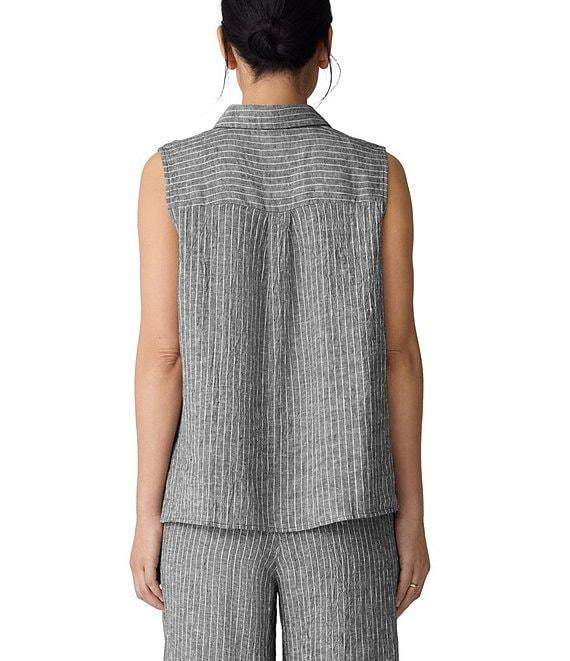 Eileen Fisher Yard-Dyed Stripe Puckered Organic Linen Point Collar Sleeveless Coordinating Top Product Image