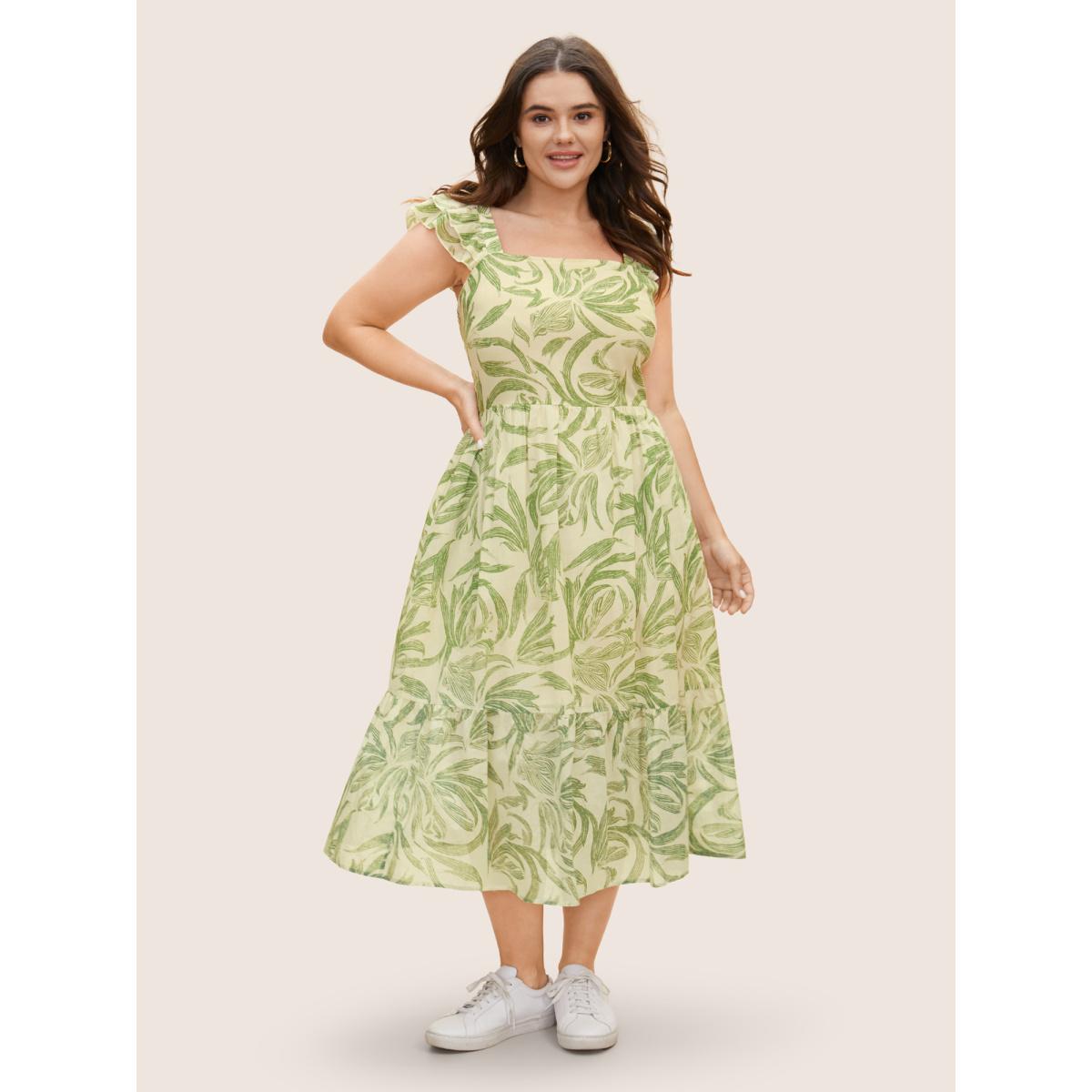 Plus Size Cotton Square Neck Floral Print Tiered Ruffles Dress LightGreen Women Casual Ruffles Square Neck Cap Sleeve Curvy BloomChic 28/5X Product Image