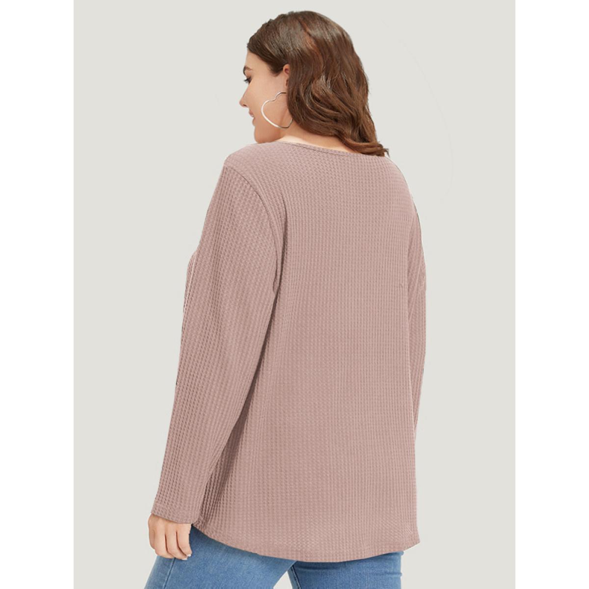 Plus Size Plain Waffle Knit Scoop Neck Plicated Detail T-shirt DustyPink Women Casual Non Plain V-neck Everyday T-shirts BloomChic 26/4X Product Image