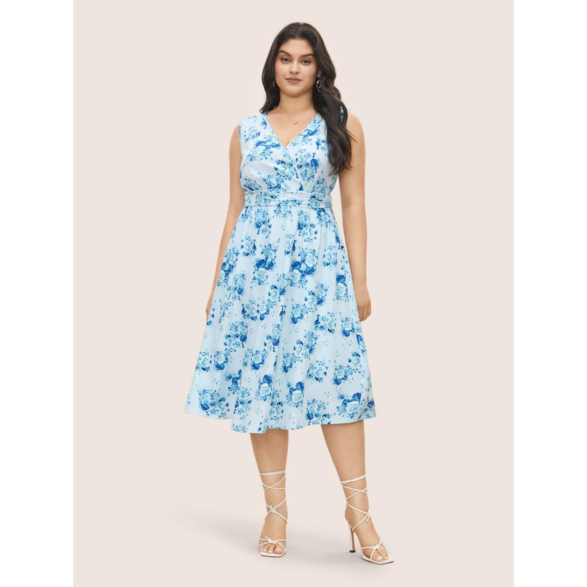 Plus Size Overlap Collar Floral Sleeveless Ruched Dress LightBlue Women Elegant Gathered Overlap Collar Sleeveless Curvy Midi Dress BloomChic 14-16/1X Product Image