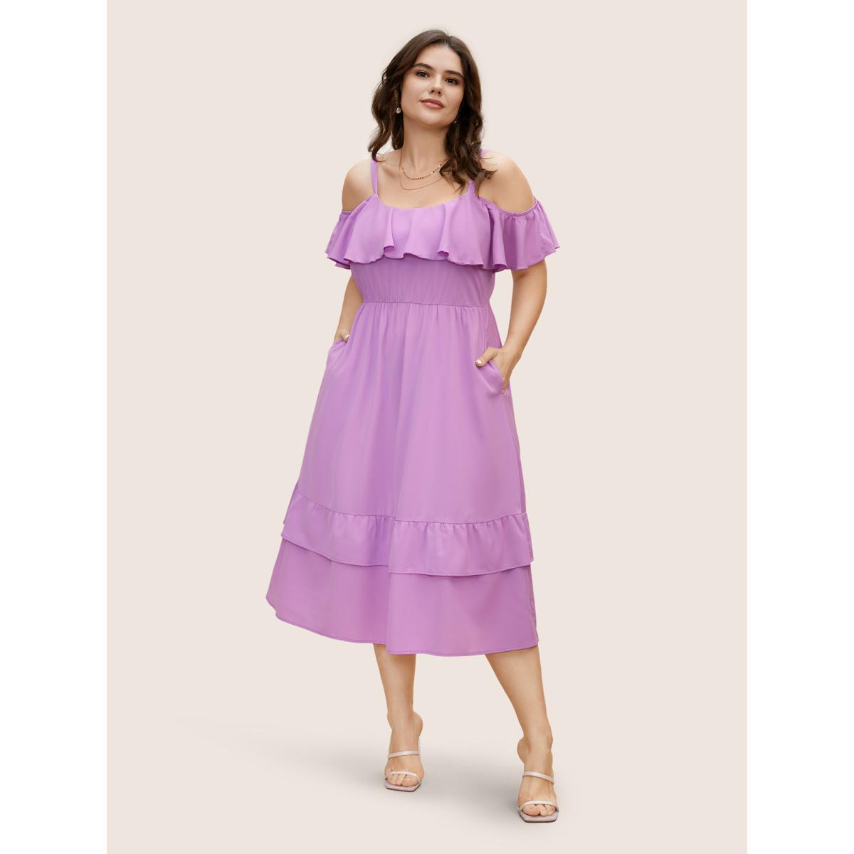 Plus Size Off Shoulder Neck Tiered Ruffles Midi Dress Lilac Women Elegant Tiered One-shoulder neck Short sleeve Curvy BloomChic 26/4X Product Image