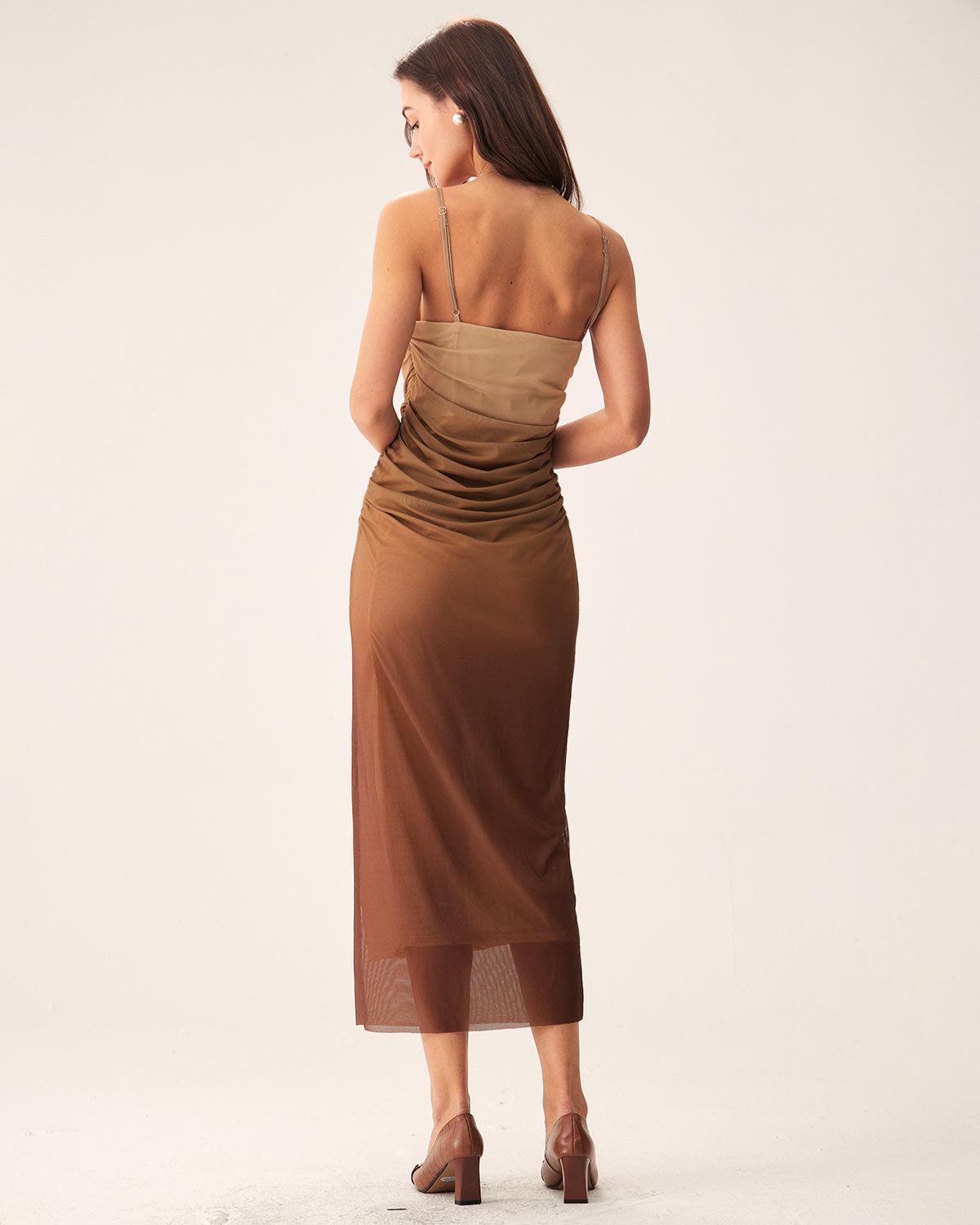 Brown Ruched Mesh Slip Midi Dress Product Image