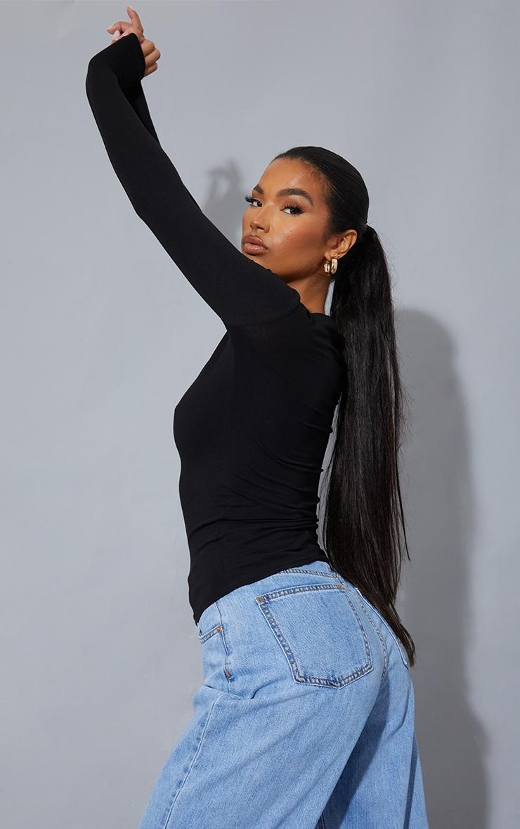 Black Basic Cotton Blend Long Sleeve Fitted T Shirt Product Image