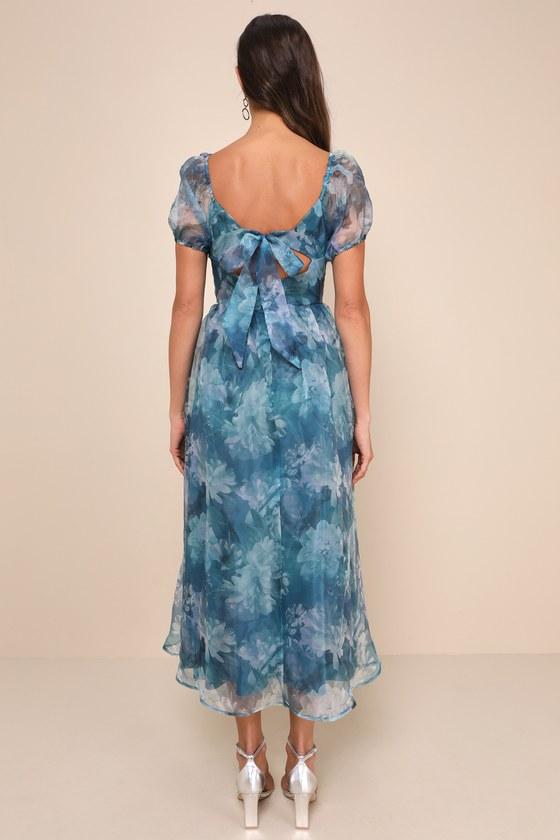 Lovely Statement Teal Blue Floral Organza Tie-Back Midi Dress Product Image
