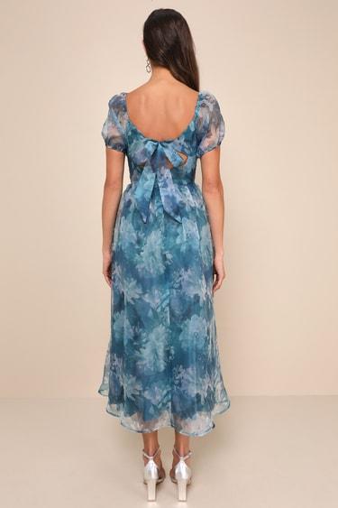 Lovely Statement Teal Blue Floral Organza Tie-Back Midi Dress Product Image
